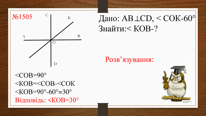 №1505 CKBDOAДано: АВ СD, < СОК-60°Знайти:< КОВ-?Розв’язування:<СОВ=90° <КОВ=<СОВ-<СОК<КОВ=90°-60°=30°Відповідь: <КОВ=30°