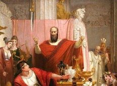 Gemälde Richard Westalis mit der Darstellung der Szene aus der Sage: Damokles sitzt am Tisch, der König steht neben und das Schwert hängt über ihm 
