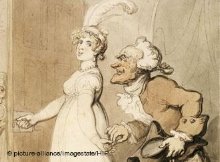 Ein Gemälde: ein Mann nähert sich einer Frau, die einen Kopfschmuck trägt