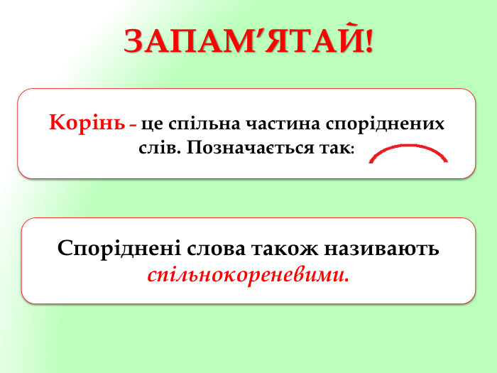 ЗАПАМ’ЯТАЙ!Корінь – це спільна частина споріднених слів. Позначається так: Споріднені слова також називають спільнокореневими.