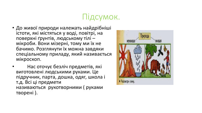 Підсумок. До живої природи належать найдрібніші істоти, які містяться у воді, повітрі, на поверхні ґрунтів, людському тілі – мікроби. Вони мізерні, тому ми їх не бачимо. Розглянути їх можна завдяки спеціальному приладу, який називається мікроскоп.         Нас оточує безліч предметів, які виготовлені людськими руками. Це підручник, парта, дошка, одяг, школа і т.д. Всі ці предмети називаються  рукотворними ( руками творені ).