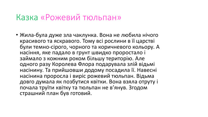 Казка «Рожевий тюльпан»Жила-була дуже зла чаклунка. Вона не любила нічого красивого та яскравого. Тому всі рослини в її царстві були темно-сірого, чорного та коричневого кольору. А насіння, яке падало в грунт швидко проростало і займало з кожним роком більшу територію. Але одного разу Королева Флора подарувала злій відьмі насінину. Та прийшовши додому посадила її. Навесні насінина проросла і виріс рожевий тюльпан. Відьма довго думала як позбутися квітки. Вона взяла отруту і почала труїти квітку та тюльпан не в’янув. Згодом страшний план був готовий.