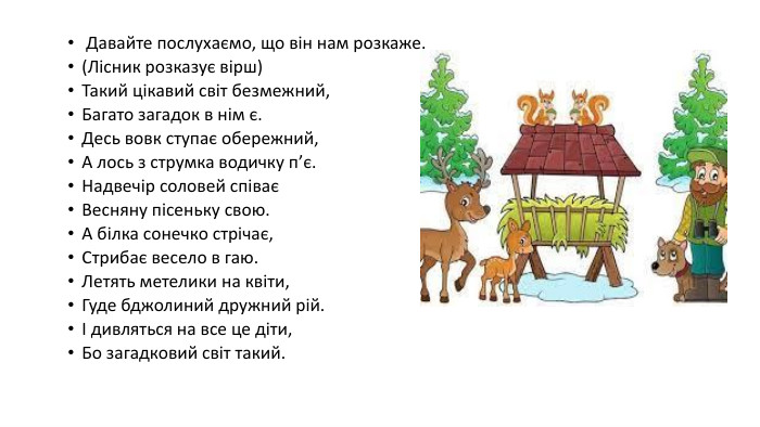  Давайте послухаємо, що він нам розкаже.(Лісник розказує вірш)Такий цікавий світ безмежний,Багато загадок в нім є. Десь вовк ступає обережний,А лось з струмка водичку п’є. Надвечір соловей співаєВесняну пісеньку свою. А білка сонечко стрічає,Стрибає весело в гаю. Летять метелики на квіти,Гуде бджолиний дружний рій.І дивляться на все це діти,Бо загадковий світ такий.