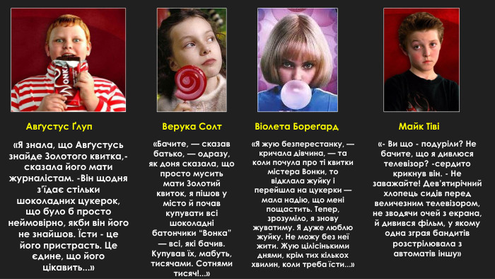 Авґустус Ґлуп«Я знала, що Авґустусь знайде Золотого квитка,-сказала його мати журналістам. -Він щодня з’їдає стільки шоколадних цукерок, що було б просто неймовірно, якби він його не знайшов. Їсти - це його пристрасть. Це єдине, що його цікавить...»Верука Солт«Бачите, — сказав батько, — одразу, як доня сказала, що просто мусить мати Золотий квиток, я пішов у місто й почав купувати всі шоколадні батончики “Вонка” — всі, які бачив. Купував їх, мабуть, тисячами. Сотнями тисяч!...»Віолета Бореґард«Я жую безперестанку, — кричала дівчина, — та коли почула про ті квитки містера Вонки, то відклала жуйку і перейшла на цукерки — мала надію, що мені пощастить. Тепер, зрозуміло, я знову жуватиму. Я дуже люблю жуйку. Не можу без неї жити. Жую цілісінькими днями, крім тих кількох хвилин, коли треба їсти...»Майк Тіві«- Ви що - подуріли? Не бачите, що я дивлюся телевізор? -сердито крикнув він. - Не заважайте! Дев’ятирічний хлопець сидів перед величезним телевізором, не зводячи очей з екрана, й дивився фільм, у якому одна зграя бандитіврозстрілювала з автоматів іншу»