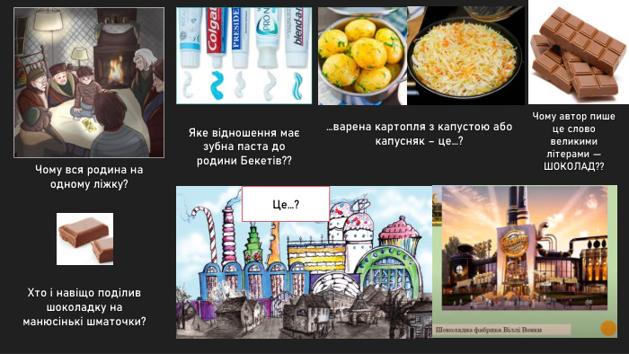 Чому вся родина на одному ліжку?Яке відношення має зубна паста до родини Бекетів??…варена картопля з капустою або капусняк – це…?Чому автор пише це слово великими літерами — ШОКОЛАД??Хто і навіщо поділив шоколадку на манюсінькі шматочки?Це…?