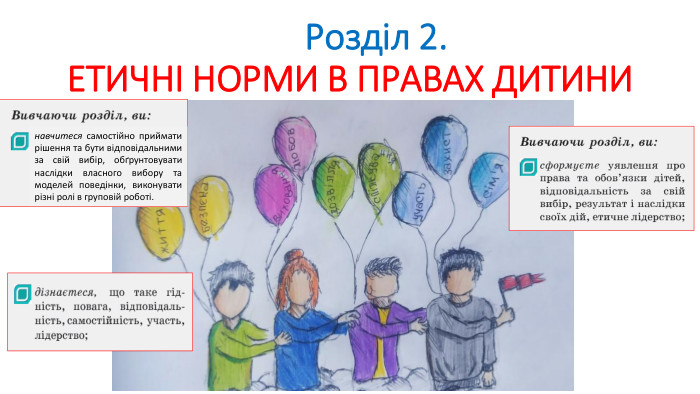	Розділ 2. ЕТИЧНІ НОРМИ В ПРАВАХ ДИТИНИнавчитеся самостійно приймати рішення та бути відповідальними за свій вибір, обґрунтовувати наслідки власного вибору та моделей поведінки, виконувати різні ролі в груповій роботі.