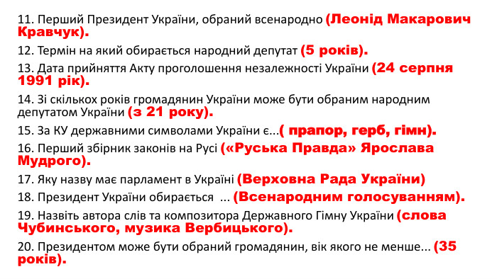 11. Перший Президент України, обраний всенародно (Леонід Макарович Кравчук).12. Термін на який обирається народний депутат (5 років).13. Дата прийняття Акту проголошення незалежності України (24 серпня 1991 рік).14. Зі скількох років громадянин України може бути обраним народним депутатом України (з 21 року).15. За КУ державними символами України є...( прапор, герб, гімн).16. Перший збірник законів на Русі («Руська Правда» Ярослава Мудрого).17. Яку назву має парламент в Україні (Верховна Рада України)18. Президент України обирається ... (Всенародним голосуванням).19. Назвіть автора слів та композитора Державного Гімну України (слова Чубинського, музика Вербицького).20. Президентом може бути обраний громадянин, вік якого не менше... (35 років).
