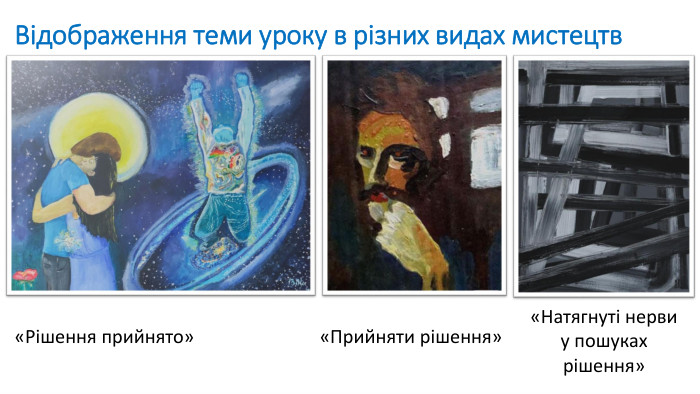 Відображення теми уроку в різних видах мистецтв«Рішення прийнято» «Прийняти рішення»«Натягнуті нерви у пошуках рішення»