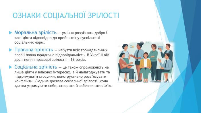 ОЗНАКИ СОЦІАЛЬНОЇ ЗРІЛОСТІМоральна зрілість — уміння розрізняти добро і зло, діяти відповідно до прийнятих у суспільстві соціальних норм. Правова зрілість — набуття всіх громадянських прав і повна юридична відповідальність. В Україні вік досягнення правової зрілості — 18 років. Соціальна зрілість — це також спроможність не лише діяти у власних інтересах, а й налагоджувати та підтримувати стосунки, конструктивно розв’язувати конфлікти. Людина досягає соціальної зрілості, коли здатна утримувати себе, створити й забезпечити сім’ю.