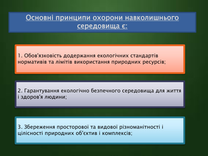 Основні принципи охорони навколишнього середовища є: 1. Обов'язковість додержання екологічних стандартів нормативів та лімітів використання природних ресурсів;2. Гарантування екологічно безпечного середовища для життя і здоров'я людини;3. Збереження просторової та видової різноманітності і цілісності природних об'єктив і комплексів;