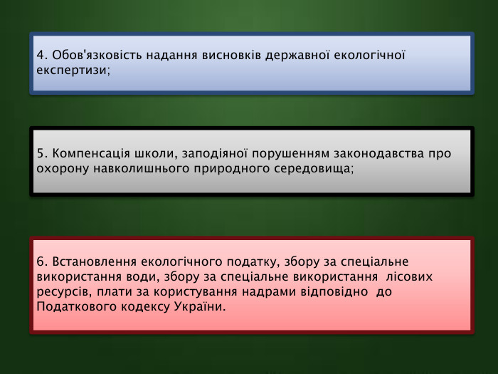 4. Обов'язковість надання висновків державної екологічної експертизи;5. Компенсація школи, заподіяної порушенням законодавства про охорону навколишнього природного середовища;6. Встановлення екологічного податку, збору за спеціальне використання води, збору за спеціальне використання лісових ресурсів, плати за користування надрами відповідно до Податкового кодексу України.