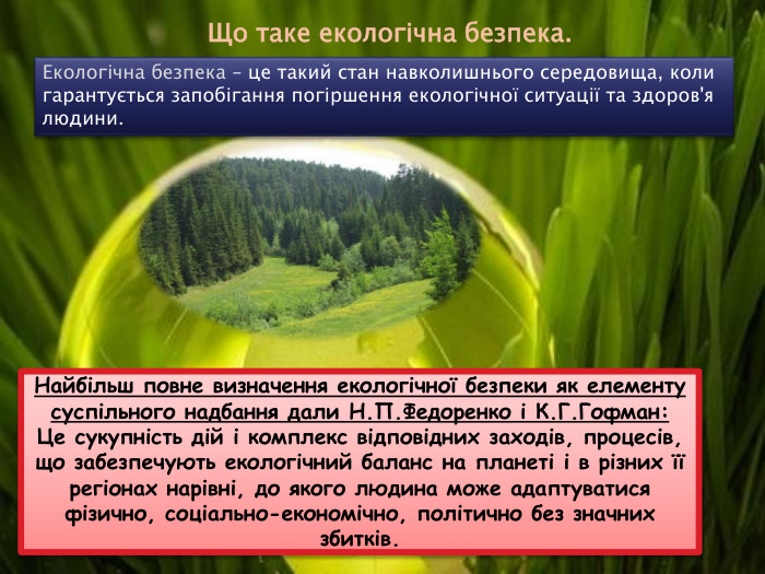 Що таке екологічна безпека. Екологічна безпека – це такий стан навколишнього середовища, коли гарантується запобігання погіршення екологічної ситуації та здоров'я людини. Найбільш повне визначення екологічної безпеки як елементу суспільного надбання дали Н. П. Федоренко і К. Г. Гофман: Це сукупність дій і комплекс відповідних заходів, процесів, що забезпечують екологічний баланс на планеті і в різних її регіонах нарівні, до якого людина може адаптуватися фізично, соціально-економічно, політично без значних збитків.