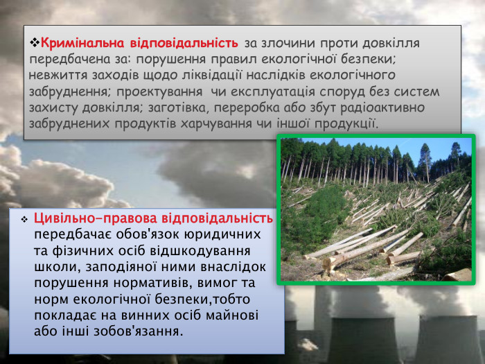 Цивільно-правова відповідальність передбачає обов'язок юридичних та фізичних осіб відшкодування школи, заподіяної ними внаслідок порушення нормативів, вимог та норм екологічної безпеки,тобто покладає на винних осіб майнові або інші зобов'язання. Кримінальна відповідальність за злочини проти довкілля передбачена за: порушення правил екологічної безпеки; невжиття заходів щодо ліквідації наслідків екологічного забруднення; проектування чи експлуатація споруд без систем захисту довкілля; заготівка, переробка або збут радіоактивно забруднених продуктів харчування чи іншої продукції.