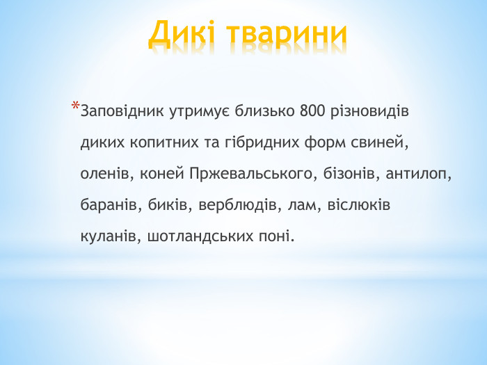 Дикі тварини. Заповідник утримує близько 800 різновидів диких копитних та гібридних форм свиней, оленів, коней Пржевальського, бізонів, антилоп, баранів, биків, верблюдів, лам, віслюків куланів, шотландських поні.