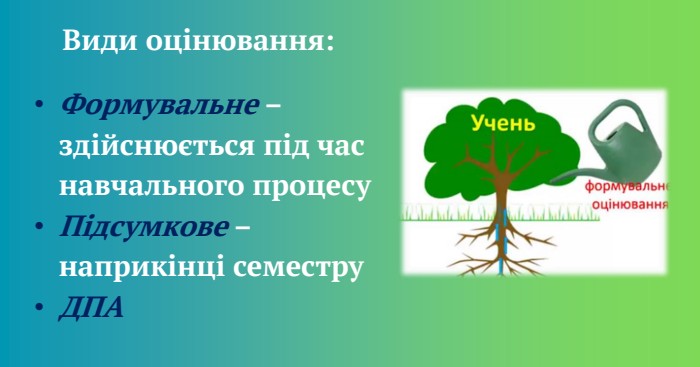 Види оцінювання: Формувальне – здійснюється під час навчального процесу. Підсумкове – наприкінці семестру. ДПА