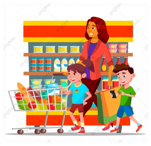 мама с детьми за покупками в гипермаркет векторных символов, мать ...