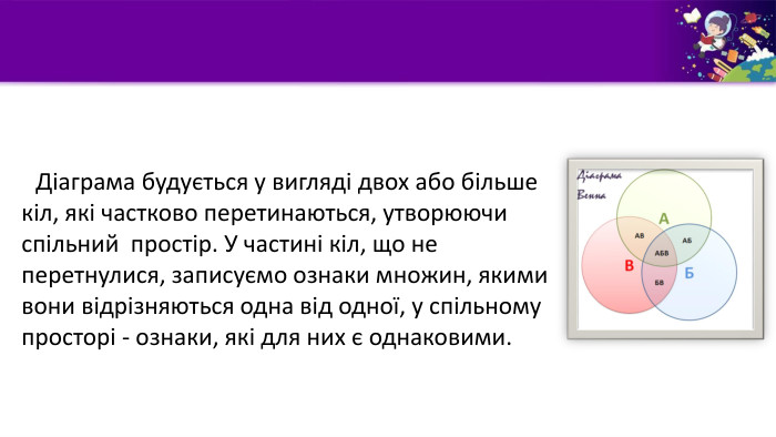     Діаграма будується у вигляді двох або більше кіл, які частково перетинаються, утворюючи спільний  простір. У частині кіл, що не перетнулися, записуємо ознаки множин, якими вони відрізняються одна від одної, у спільному просторі - ознаки, які для них є однаковими.