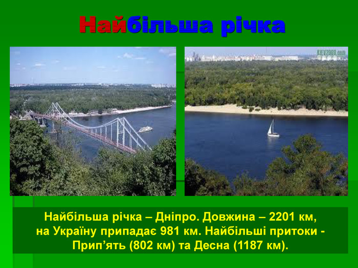 Найбільша річка Найбільша річка – Дніпро. Довжина – 2201 км,  на Україну припадає 981 км. Найбільші притоки - Прип’ять (802 км) та Десна (1187 км).  