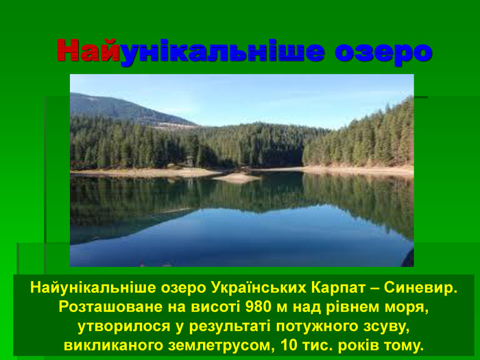 Найунікальніше озеро Найунікальніше озеро Українських Карпат – Синевир. Розташоване на висоті 980 м над рівнем моря, утворилося у результаті потужного зсуву,  викликаного землетрусом, 10 тис. років тому. 
