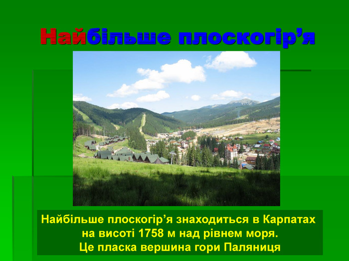 Найбільше плоскогір’я Найбільше плоскогір’я знаходиться в Карпатах  на висоті 1758 м над рівнем моря. Це пласка вершина гори Паляниця 