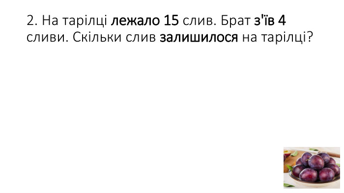 2. На тарілці лежало 15 слив. Брат з'їв 4 сливи. Скільки слив залишилося на тарілці?
