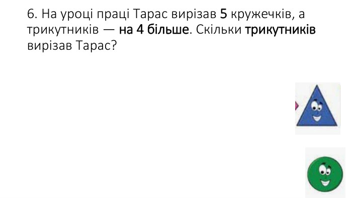 6. На уроці праці Тарас вирізав 5 кружечків, а трикутників — на 4 більше. Скільки трикутників вирізав Тарас?