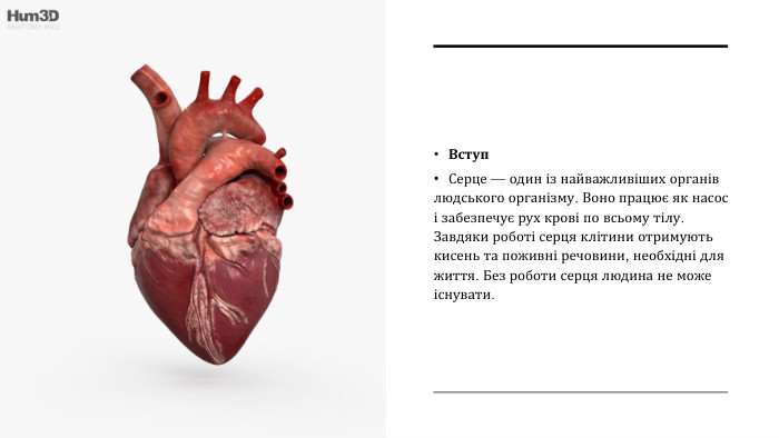 Вступ. Серце — один із найважливіших органів людського організму. Воно працює як насос і забезпечує рух крові по всьому тілу. Завдяки роботі серця клітини отримують кисень та поживні речовини, необхідні для життя. Без роботи серця людина не може існувати.