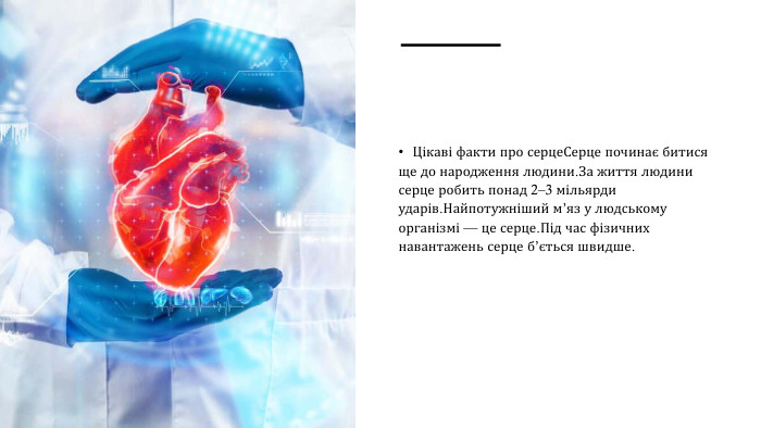 Цікаві факти про серце. Серце починає битися ще до народження людини. За життя людини серце робить понад 2–3 мільярди ударів. Найпотужніший м’яз у людському організмі — це серце. Під час фізичних навантажень серце б’ється швидше.