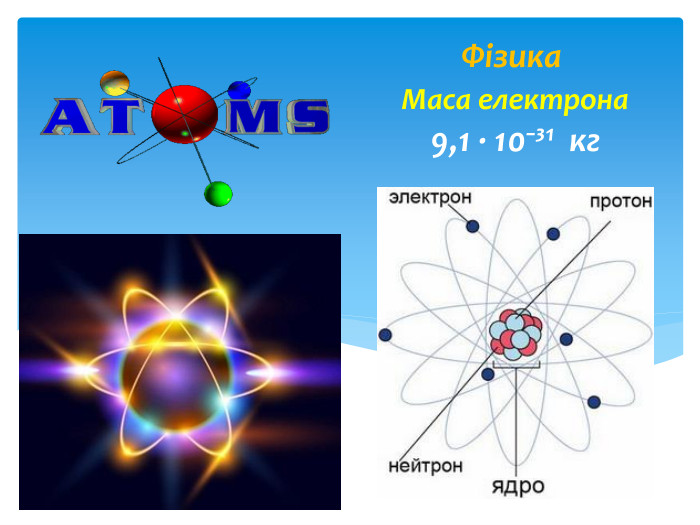 Фізика Маса електрона 9,1 ∙ 10⁻³¹ кг