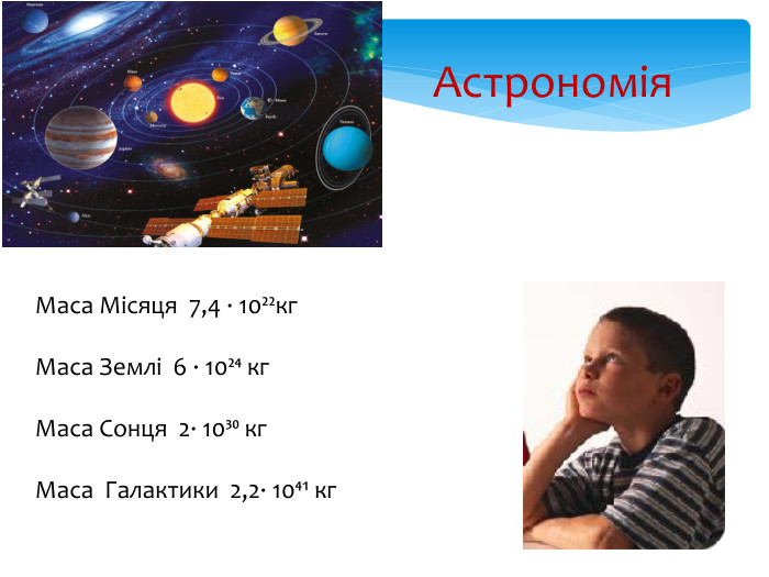Астрономія. Маса Місяця 7,4 ∙ 10²²кг. Маса Землі 6 ∙ 10²⁴ кг. Маса Сонця 2∙ 10³⁰ кг. Маса Галактики 2,2∙ 10⁴¹ кг 