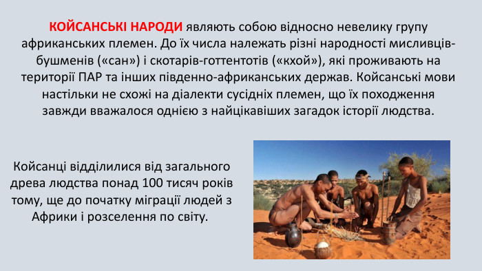 КОЙСАНСЬКІ НАРОДИ являють собою відносно невелику групу африканських племен. До їх числа належать різні народності мисливців-бушменів («сан») і скотарів-готтентотів («кхой»), які проживають на території ПАР та інших південно-африканських держав. Койсанські мови настільки не схожі на діалекти сусідніх племен, що їх походження завжди вважалося однією з найцікавіших загадок історії людства. Койсанці відділилися від загального древа людства понад 100 тисяч років тому, ще до початку міграції людей з Африки і розселення по світу. 