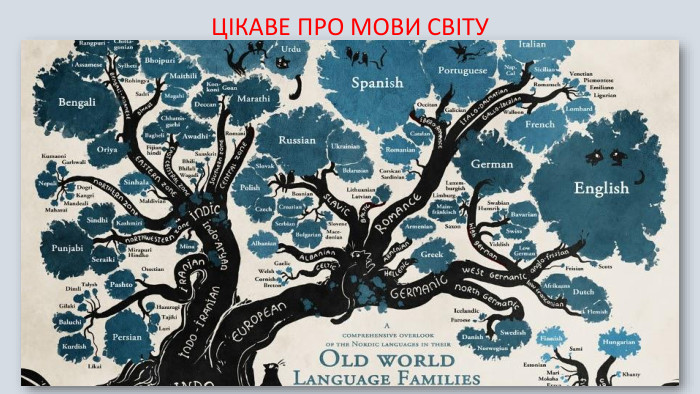 Більшість мов світу, як вважають вчені-лінгвісти, походять від спільного кореня: індоєвропейського. У світі існує тринадцять мов, якими розмовляють понад 100 мільйонів людей. Це китайська, англійська, іспанська, російська, арабська, бенгальська, португальська, малайсько-індонезійська, французька, японська, німецька мови і мови хінді і урду (офіційна мова Пакистану). Щотижня у світі зникає по одній мові. У більшості випадків разом з мовою в історію відходить і народ і народ. На думку фахівців, 90% мов світу - під загрозою зникнення! Як прогнозують лінгвісти, через 25 років від нині існуючих мов залишиться лише 1/10 частину. Дві мови, які не пов'язані з індоєвропейськими мовами, але пов'язані між собою -  це угорська і фінська. Звичайно, ці дві мови розійшлися близько 6000 років тому, але вони до сих пір вважаються братом і сестрою в фінно-угорської сім'ї. ЦІКАВЕ ПРО МОВИ СВІТУ 