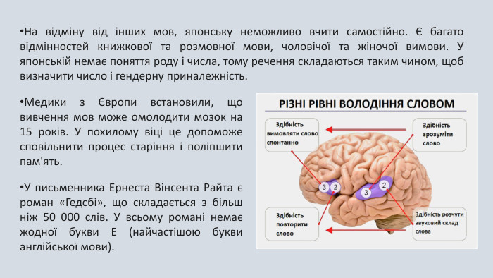 На відміну від інших мов, японську неможливо вчити самостійно. Є багато відмінностей книжкової та розмовної мови, чоловічої та жіночої вимови. У японській немає поняття роду і числа, тому речення складаються таким чином, щоб визначити число і гендерну приналежність. Медики з Європи встановили, що вивчення мов може омолодити мозок на 15 років. У похилому віці це допоможе сповільнити процес старіння і поліпшити пам'ять. У письменника Ернеста Вінсента Райта є роман «Гедсбі», що складається з більш ніж 50 000 слів. У всьому романі немає жодної букви E (найчастішою букви англійської мови).