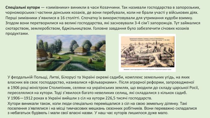 Спеціальні хутори — «зимівники» виникли в часи Козаччини. Так називали господарства в запорозьких, чорноморських і частини донських козаків, де вони перебували, коли не брали участі у військових діях. Перші зимівники з’явилися в 16 столітті. Спочатку їх використовували для утримання худоби взимку. Згодом вони перетворилися на великі господарства, які засновували 3-4 сім’ї запорожців. Тут займалися скотарством, землеробством, бджільництвом. Головне завдання було забезпечити січових козаків продуктами. У феодальній Польщі, Литві, Білорусі та Україні окремі садиби, комплекс земельних угідь, на яких власник вів своє господарство, називалися «фільварками». Після аграрної реформи, запровадженої в 1906 році міністром Столипіним, селяни на українських землях, що входили до складу царської Росії, переселялися на хутори. Тоді з’явилося багато невеликих селищ, які складалися з кількох садиб. У 1906—1912 роках в Україні вийшли з сіл на хутори 226,5 тисячі господарств. Хутори виникали також, коли люди спеціально переміщалися з сіл на свою земельну ділянку. Такі поселення з’являлися і на місці тимчасових мешкань сезонних робітників. Вони переважно складалися з небагатьох будівель і мали свої власні назви. У наш час хуторів лишилося дуже мало.