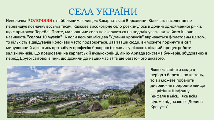 Невеличка Колочава є найбільшим селищем Закарпатської Верховини. Кількість населення не перевищує позначку восьми тисяч. Казкове високогірне село розкинулось в долині однойменної річки, що є притокою Тереблі. Проте, мальовниче село не скаржиться на недолік уваги, адже його інколи називають 