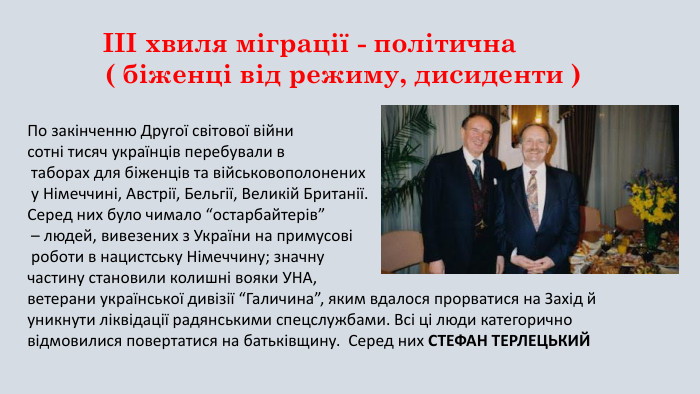 ІІІ хвиля міграції - політична( біженці від режиму, дисиденти ) По закінченню Другої світової війни сотні тисяч українців перебували в таборах для біженців та військовополонених у Німеччині, Австрії, Бельгії, Великій Британії. Серед них було чимало “остарбайтерів” – людей, вивезених з України на примусові роботи в нацистську Німеччину; значну частину становили колишні вояки УНА, ветерани української дивізії “Галичина”, яким вдалося прорватися на Захід й уникнути ліквідації радянськими спецслужбами. Всі ці люди категорично відмовилися повертатися на батьківщину. Серед них СТЕФАН ТЕРЛЕЦЬКИЙ 
