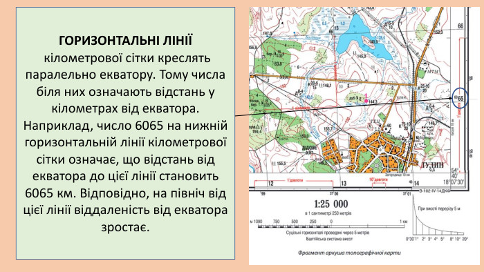 ГОРИЗОНТАЛЬНІ ЛІНІЇ кілометрової сітки креслять паралельно екватору. Тому числа біля них означають відстань у кілометрах від екватора. Наприклад, число 6065 на нижній горизонтальній лінії кілометрової сітки означає, що відстань від екватора до цієї лінії становить 6065 км. Відповідно, на північ від цієї лінії віддаленість від екватора зростає.