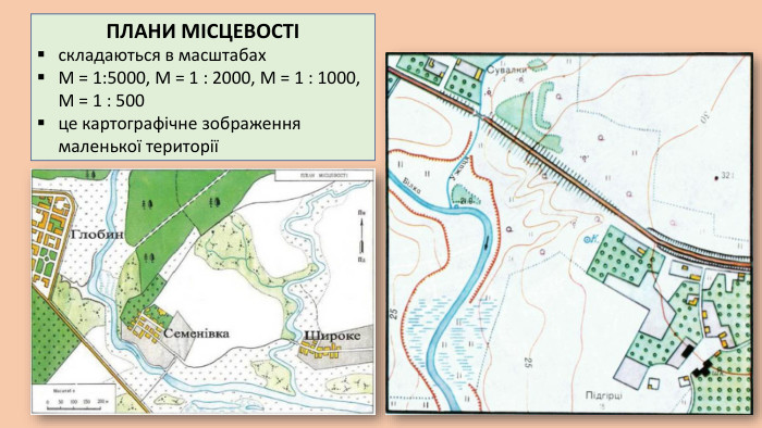 ПЛАНИ МІСЦЕВОСТІ складаються в масштабах М = 1:5000, М = 1 : 2000, М = 1 : 1000, М = 1 : 500це картографічне зображення маленької території