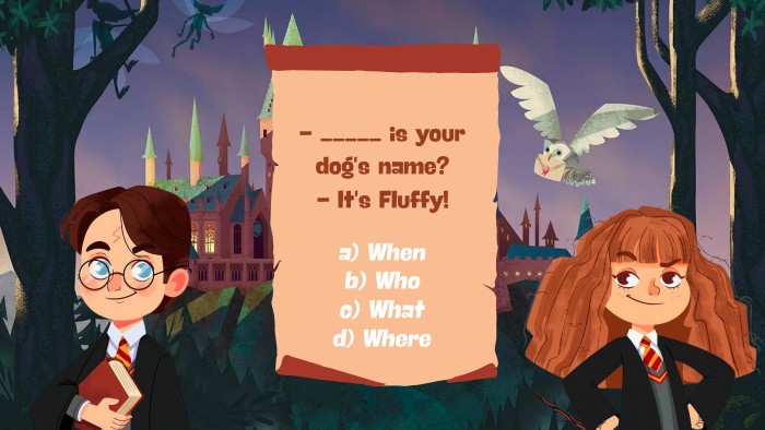 - _____ is yourdog's name?- It's Fluffy!a) Whenb) Whoc) Whatd) Wherer