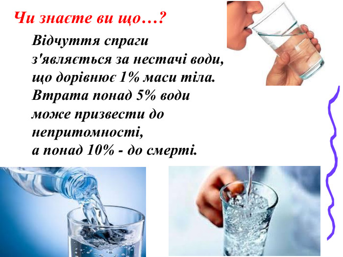 Чи знаєте ви що…? Відчуття спраги з'являється за нестачі води, що дорівнює 1% маси тіла. Втрата понад 5% води може призвести до непритомності,  а понад 10% - до смерті.   