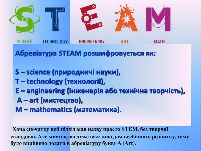  Хоча спочатку цей підхід мав назву просто STEM, без творчої складової. Але мистецтво дуже важливо для всебічного розвитку, тому було вирішено додати в абревіатуру букву A (Art). Абревіатура STEAM розшифровується як: S – science (природничі науки), T – technology (технології), E – engineering (інженерія або технічна творчість), A – art (мистецтво), M – mathematics (математика).