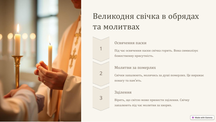 Великодня свічка в обрядах та молитвах. Освячення паски. Під час освячення паски свічка горить. Вона символізує божественну присутність. Молитви за померлих. Свічки запалюють, молячись за душі померлих. Це виражає повагу та пам'ять. Зцілення. Вірять, що світло може принести зцілення. Свічку запалюють під час молитви за хворих.