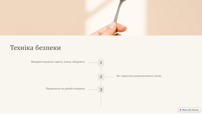 Техніка безпеки1 Використовувати гарячу ложку обережно.2 Не торкатися розплавленого воску.3 Працювати на рівній поверхні.