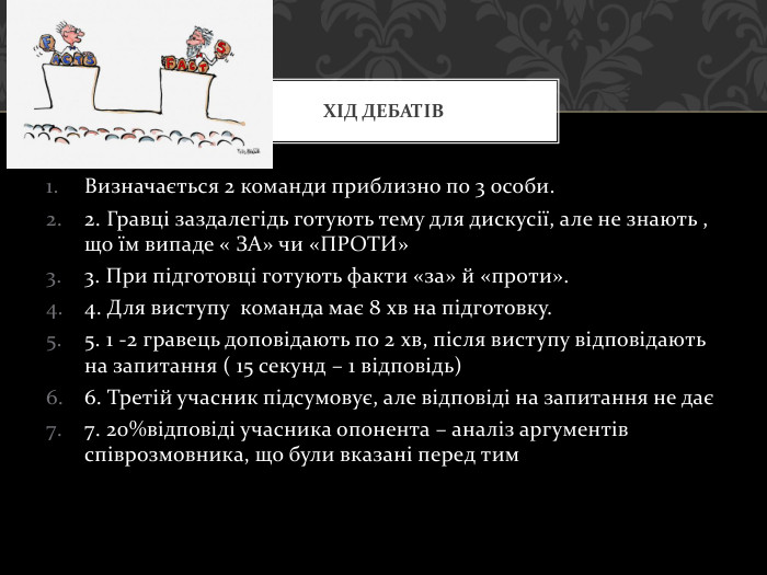 Визначається 2 команди приблизно по 3 особи.2. Гравці заздалегідь готують тему для дискусії, але не знають , що їм випаде « ЗА» чи «ПРОТИ»3. При підготовці готують факти «за» й «проти».4. Для виступу команда має 8 хв на підготовку.5. 1 -2 гравець доповідають по 2 хв, після виступу відповідають на запитання ( 15 секунд – 1 відповідь)6. Третій учасник підсумовує, але відповіді на запитання не дає7. 20%відповіді учасника опонента – аналіз аргументів співрозмовника, що були вказані перед тим Хід дебатів