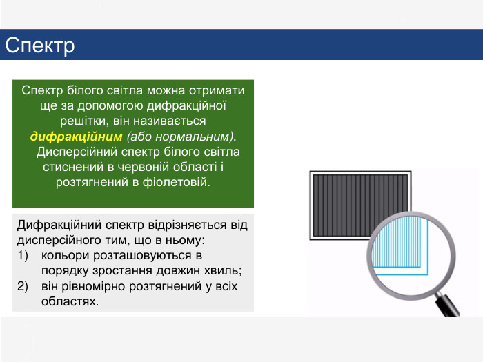 Спектр білого світла можна отримати ще за допомогою дифракційної решітки, він називається дифракційним (або нормальним).   Дисперсійний спектр білого світла стиснений в червоній області і розтягнений в фіолетовій. Дифракційний спектр відрізняється від дисперсійного тим, що в ньому: кольори розташовуються в порядку зростання довжин хвиль; він рівномірно розтягнений у всіх областях. Спектр