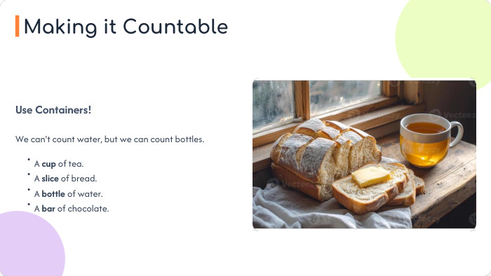 Use Containers!We can't count water, but we can count bottles.•A cup of tea.•A slice of bread.•A bottle of water.•A bar of chocolate. Making it Countable