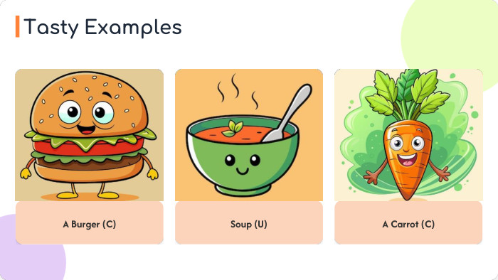 A Burger (C)Soup (U)A Carrot (C)Tasty Examples