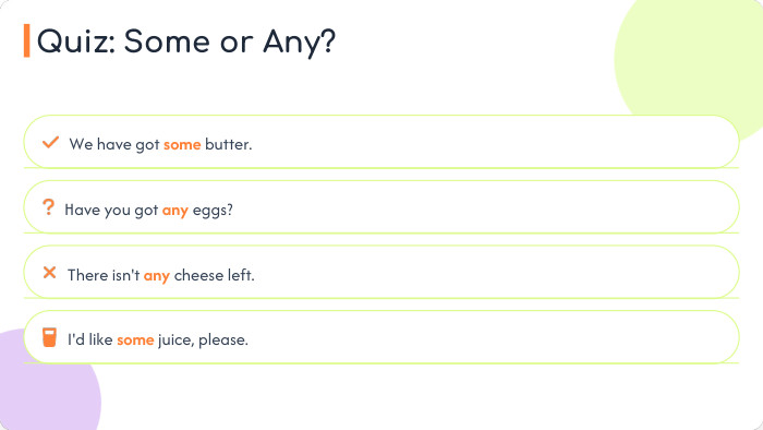 We have got some butter. Have you got any eggs?There isn't any cheese left. I'd like some juice, please. Quiz: Some or Any?