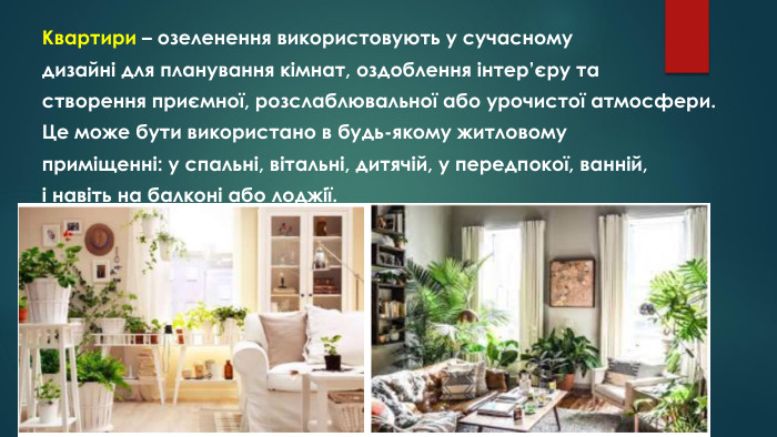 Квартири – озеленення використовують у сучасномудизайні для планування кімнат, оздоблення інтер’єру тастворення приємної, розслаблювальної або урочистої атмосфери. Це може бути використано в будь-якому житловомуприміщенні: у спальні, вітальні, дитячій, у передпокої, ванній,і навіть на балконі або лоджії.