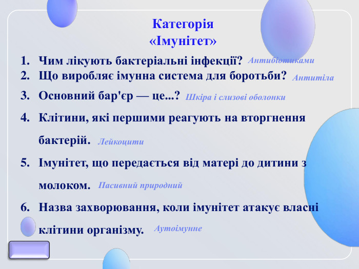 Категорія  «Імунітет» Чим лікують бактеріальні інфекції? Що виробляє імунна система для боротьби?  Основний бар'єр — це...? Клітини, які першими реагують на вторгнення бактерій.  Імунітет, що передається від матері до дитини з молоком. Назва захворювання, коли імунітет атакує власні клітини організму. Антибіотиками Антитіла Шкіра і слизові оболонки Лейкоцити Пасивний природний Аутоімунне 